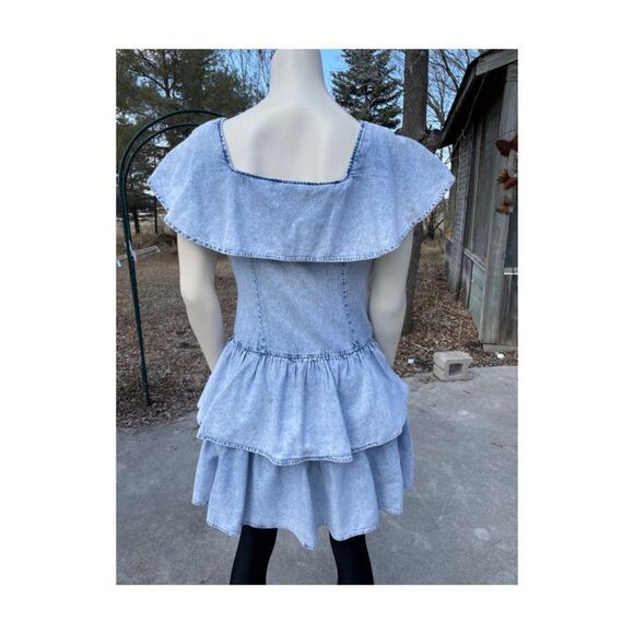 Vintage | 90s Tiered Denim Mini Dress Ruffle Circle Collar Sleeveless Two Roads - Picture 7 of 9